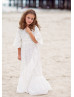 Ivory Lace V Neck Ruffle Boho Beach Flower Girl Dress